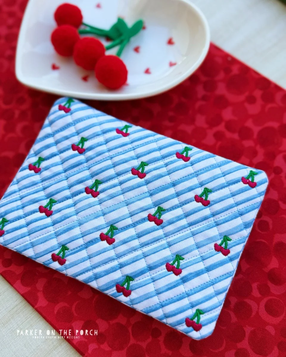 Quilted Cherries Mug Rug– Digital Embroidery Pattern Download